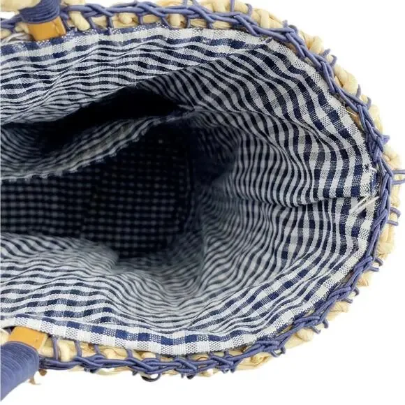 Breckenridge Straw Tote Bag Purse Blonde Wicker Picnic Blue Check Teacup Bee - Picture 10 of 10